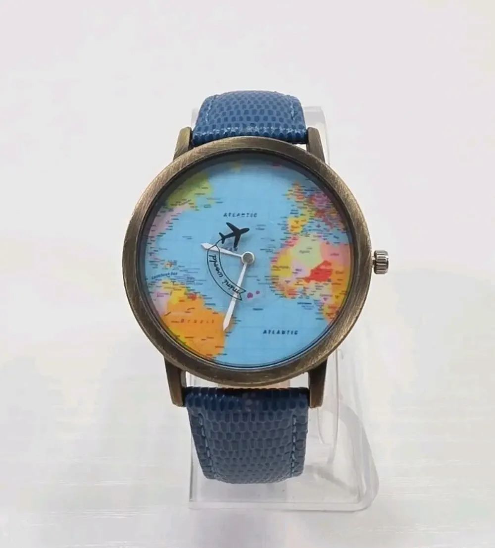 World Map Fashion Watch Blue Band New Battery W336